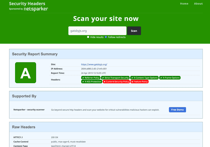 Gatsbyjs.org security headers report after